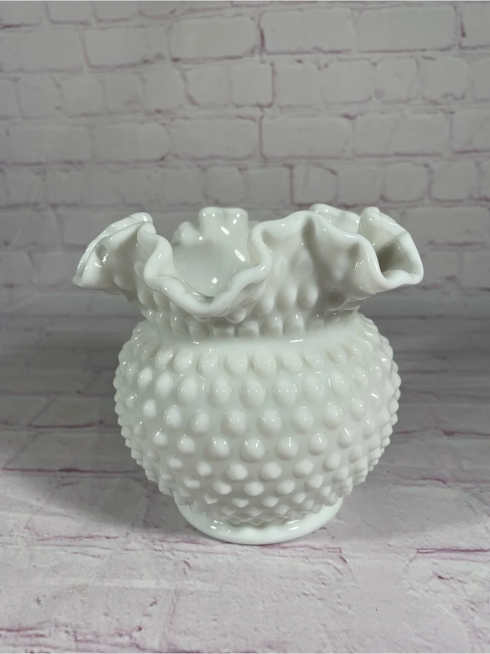 Vintage Fenton White Milk Glass Hobnail Ruffled Crimped Edge Vase 5.5”
